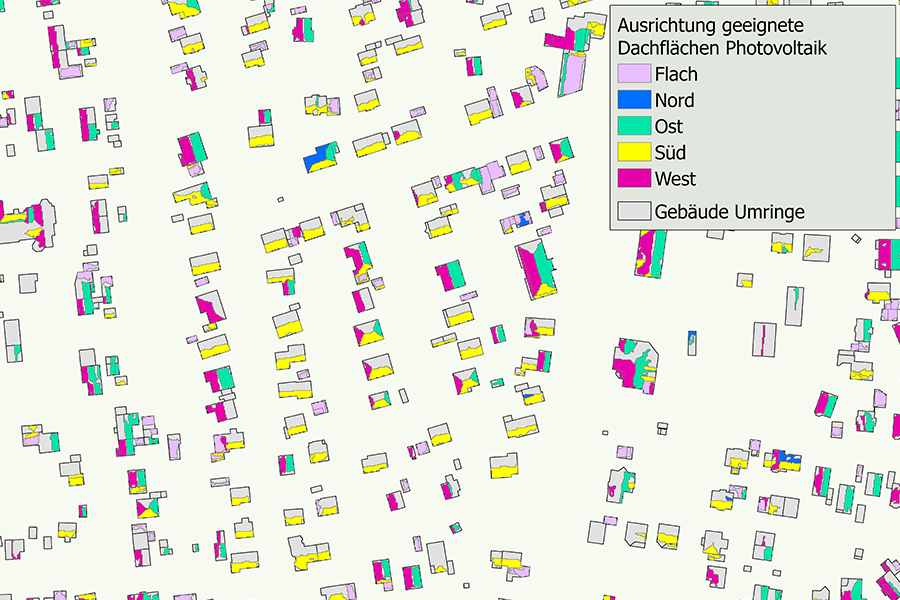 Legende zur Ausrichtung geeigneter Dachflächen für Photovoltaik: Flach, Nord, Ost, Süd, West