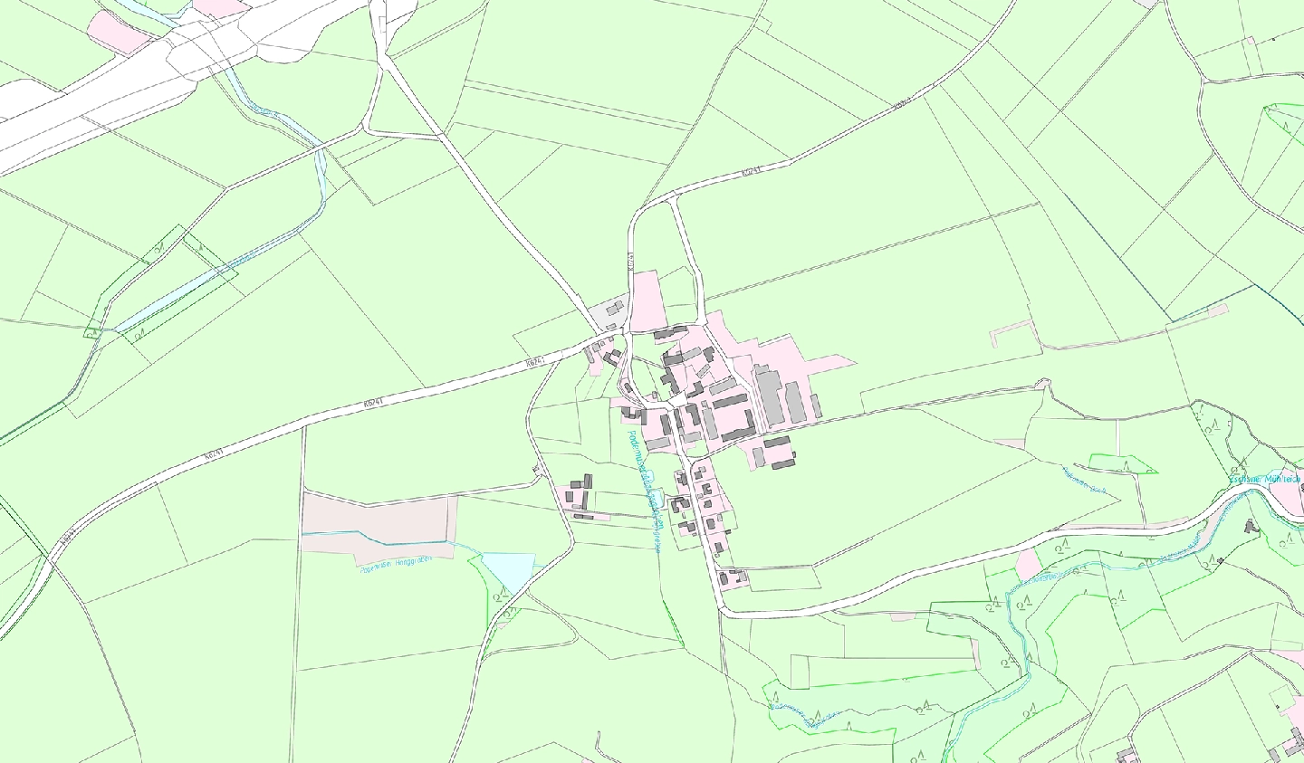 ALKIS-Karte von Sachsen mit detaillierter Gebäude- und Flächendarstellung Detailreiche ALKIS-Karte eines Gebiets in Sachsen mit Gebäuden, Straßen und Gewässern.