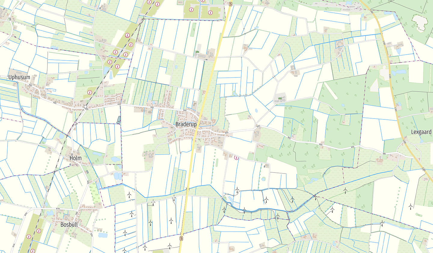Digitale topografische Karte von Braderup und Umgebung mit Feldern, Straßen und Windkraftanlagen.