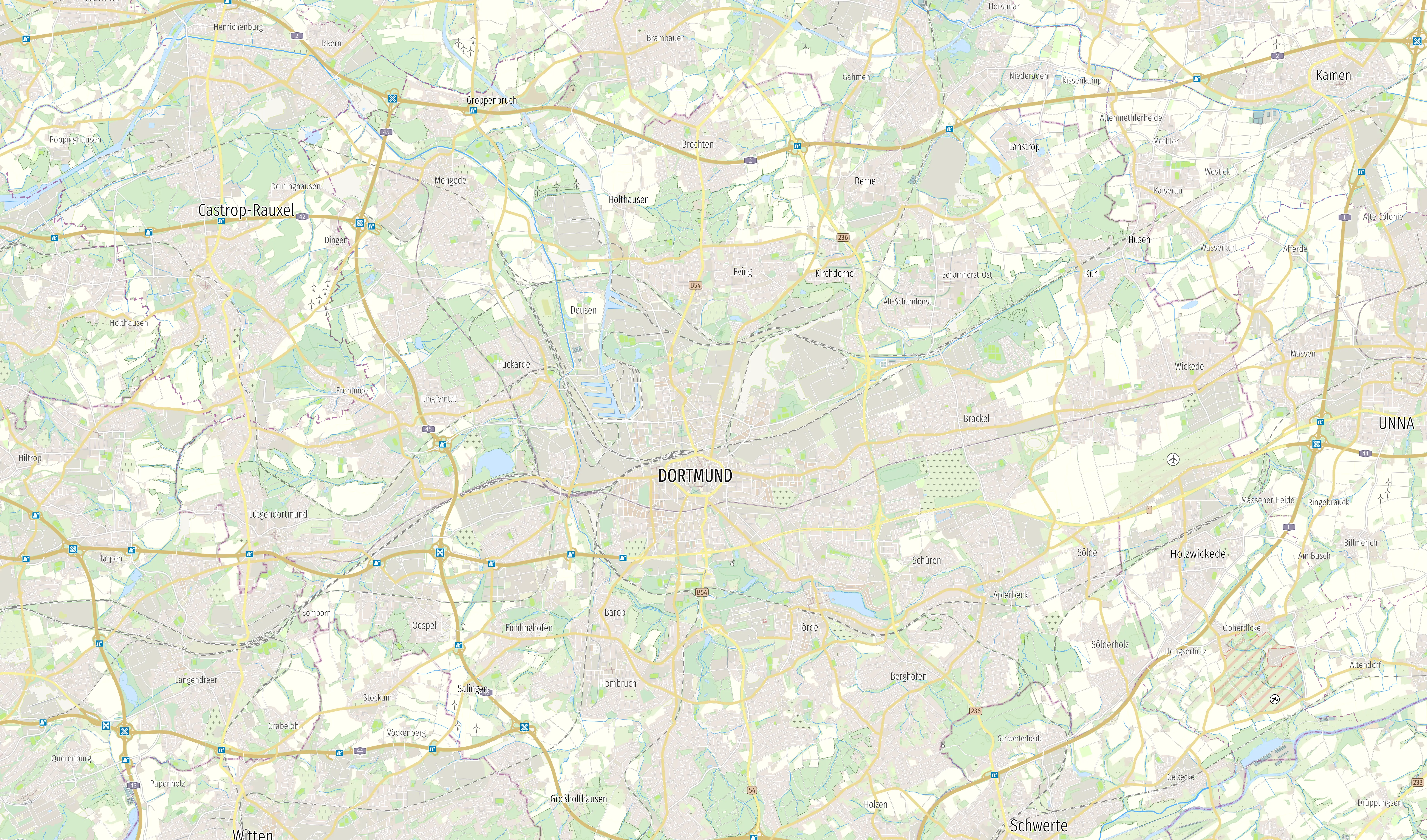 Übersichtskarte von Dortmund und Umgebung Digitale topografische Karte von Dortmund und Umgebung mit Straßen, Flüssen und Stadtgrenzen.