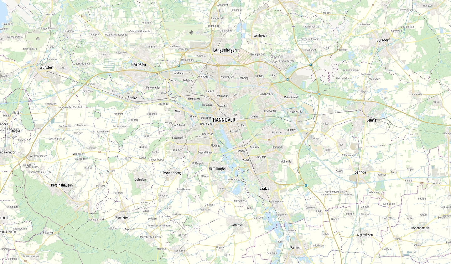 Stadtkarte von Hannover Detaillierte Übersichtskarte von Hannover mit umliegenden Ortschaften und Infrastruktur.