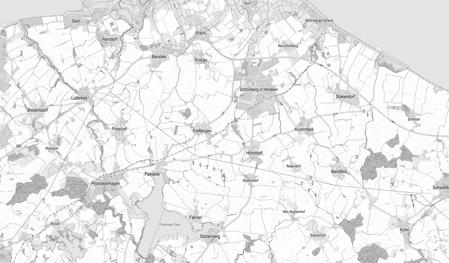 Graustufenkarte von Schönberg in Holstein Schwarz-Weiß-Karte von Schönberg in Holstein und Umgebung mit geografischen Details.
