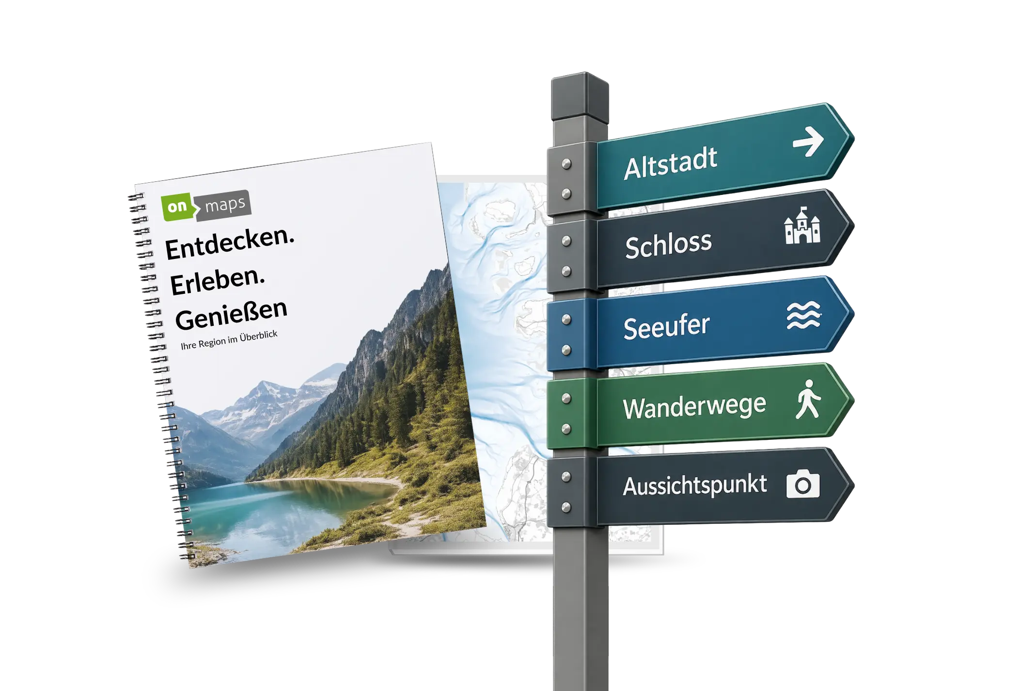 Reiseführer mit Landschaftsbild neben Wegweiser mit touristischen Zielen wie Altstadt, Schloss und Wanderwege