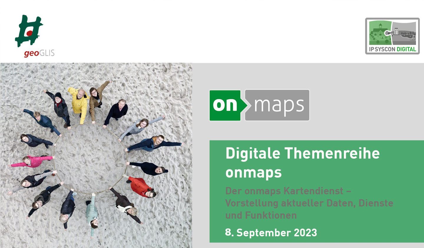 Ankündigung der onmaps Themenreihe 2023 mit Teamfoto. Ankündigung der digitalen Themenreihe "onmaps" mit einer Gruppe von Menschen, die einen Kreis auf Sand bilden.