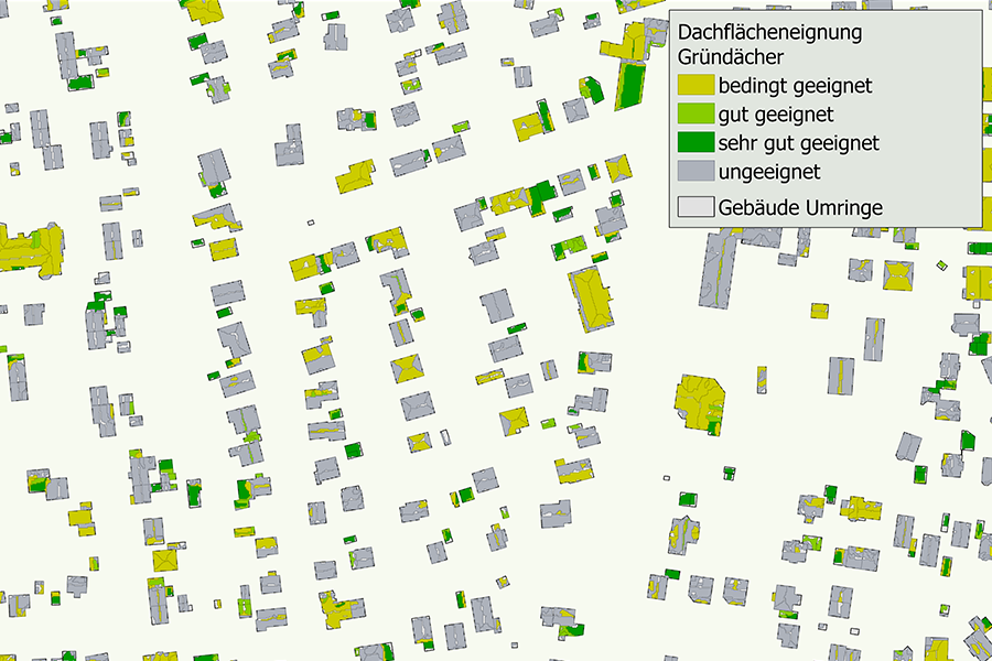 Karte zur Gründach-Potenzialanalyse mit Legende – Einteilung in „sehr gut“, „gut“, „bedingt geeignet“ und „ungeeignet“.