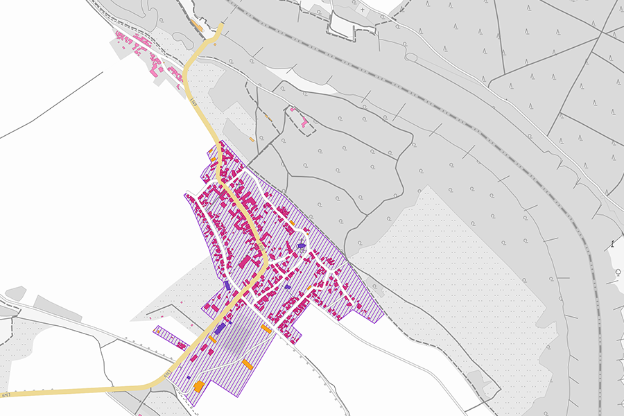 Karte mit farblicher Darstellung von Ortslagen und Gebäuden basierend auf ALKIS-Daten