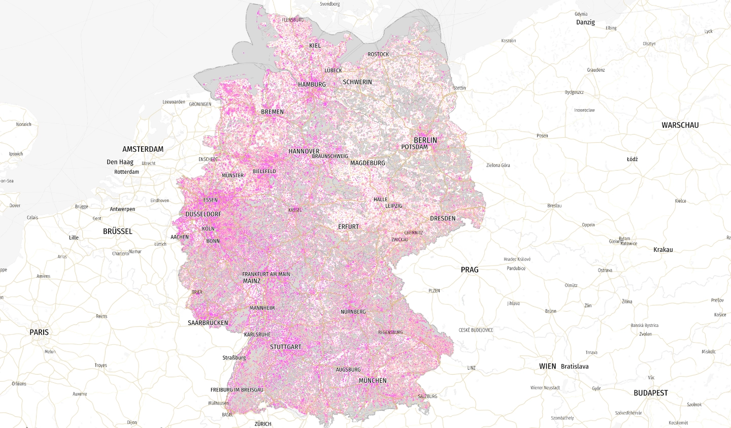 Deutschlandkarte mit farblich abgestuften pinken Quartilen zur Darstellung des durchschnittlichen Baualters laut Zensus