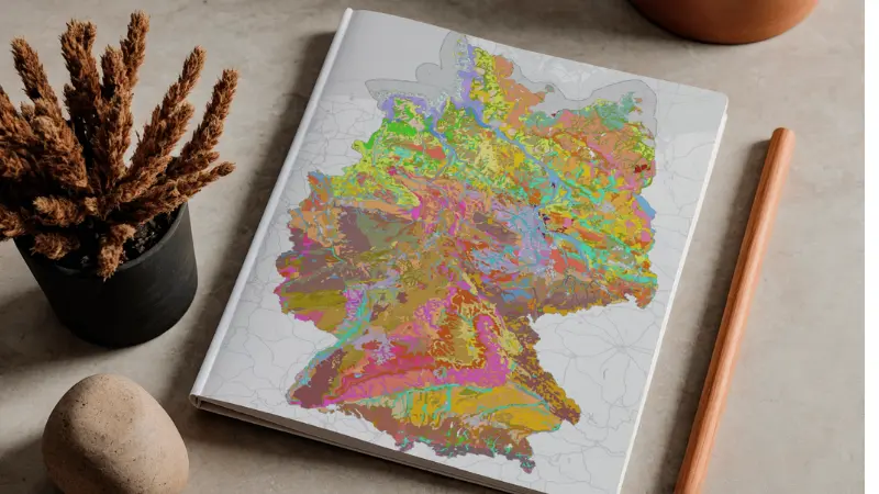 Buch mit farbiger thematischer Karte auf dem Cover liegt auf einem Tisch neben Dekoration