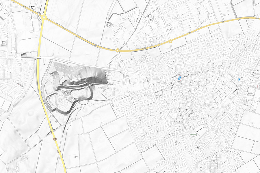 Topographische Karte mit DGM 1 Höhenschummerung zur Darstellung von Höhenstrukturen in einer Stadt mit Straßennetz und einem Tagebaugebiet.