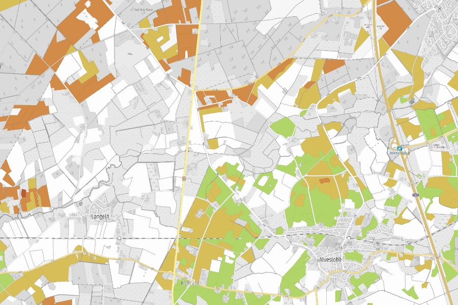 ALKIS Bodenschätzung – farbige Darstellung der Bodenschätzungsklassen im Kartenbild