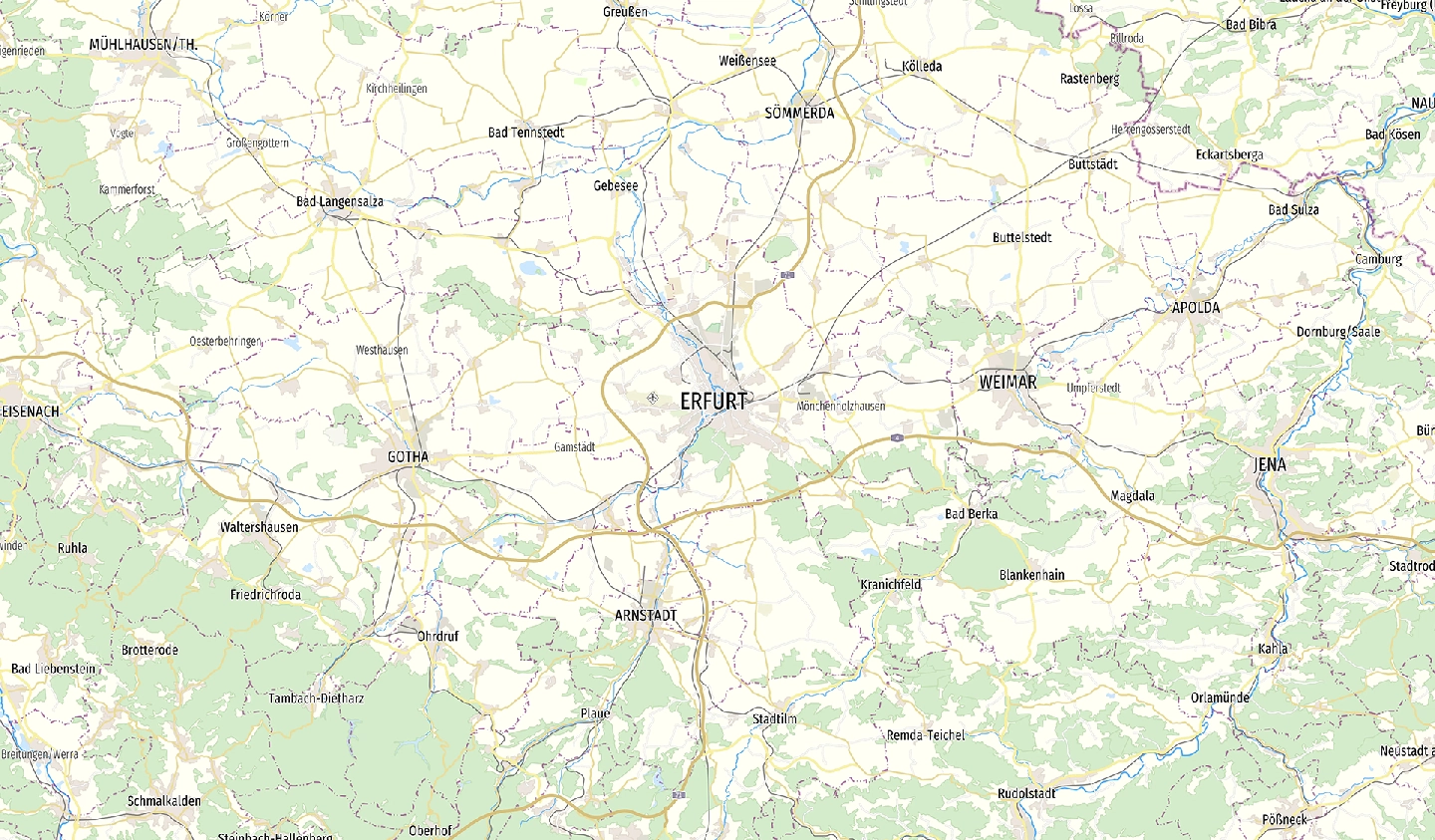 Übersichtskarte von Erfurt und Umgebung Topografische Karte von Erfurt und Umgebung, mit detaillierten Straßen, Städten und Grünflächen.