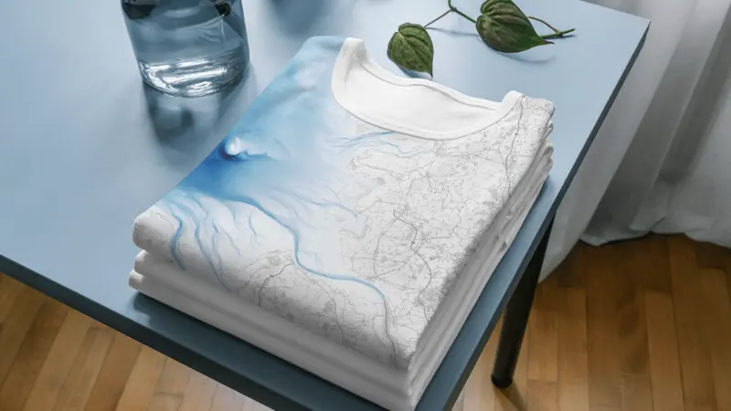 Gefaltete T-Shirts mit aufgedrucktem Kartenmotiv auf einem Tisch neben Glas und Pflanze
