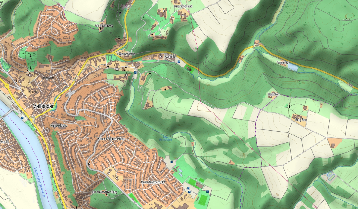 Topografische Karte mit Schummerungseffekt für Höhenunterschiede