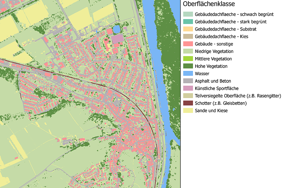 Klassifizierte Karte mit Legende zur Oberflächenbedeckung wie Vegetation, Gebäude und Versiegelung