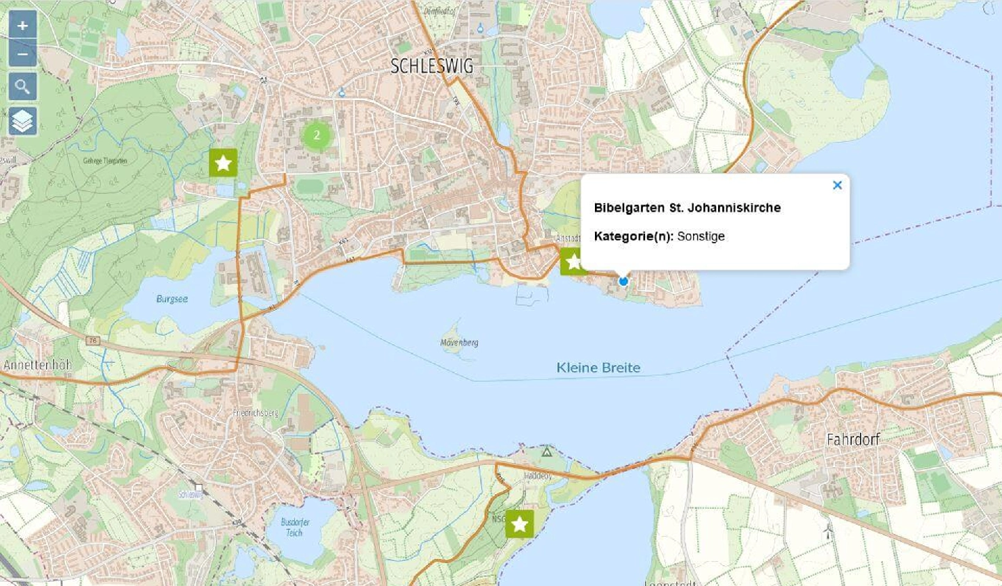 Gartenrouten in Schleswig – interaktive Karte Interaktive Karte mit Standortmarkierungen und Informationen zu Gärten und Sehenswürdigkeiten in Schleswig.