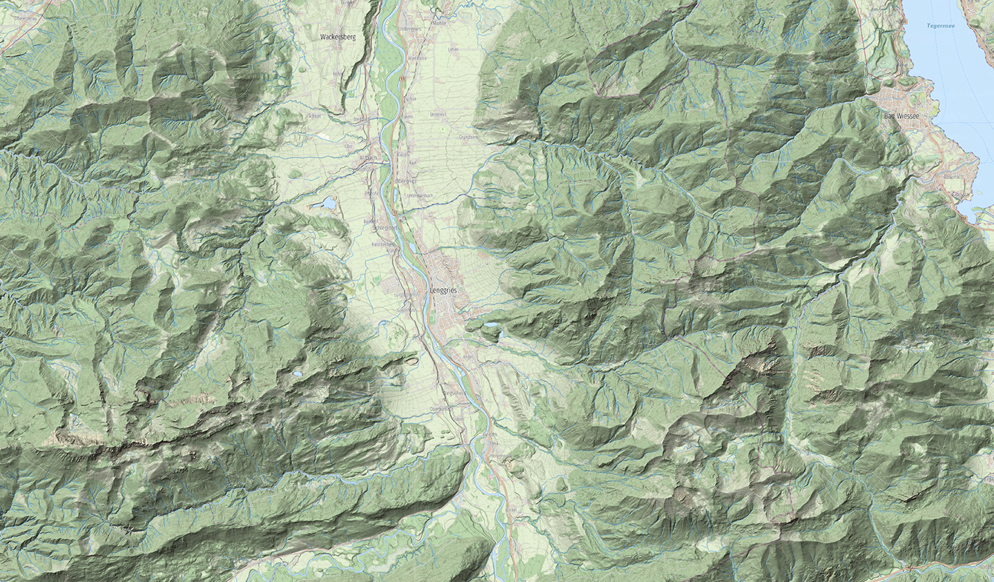 Digitale Höhenkarte von Bayern mit Schummerungseffekt. Digitale Geländemodell-Karte von Bayern mit topografischer Schummerung.