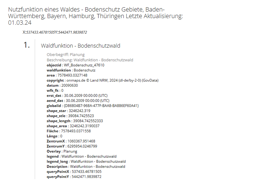 ATKIS-Datenblatt zur Waldfunktion mit Informationen zu Bodenschutzwäldern, Fläche, Koordinaten und Metadaten in Baden-Württemberg, Bayern, Hamburg und Thüringen.