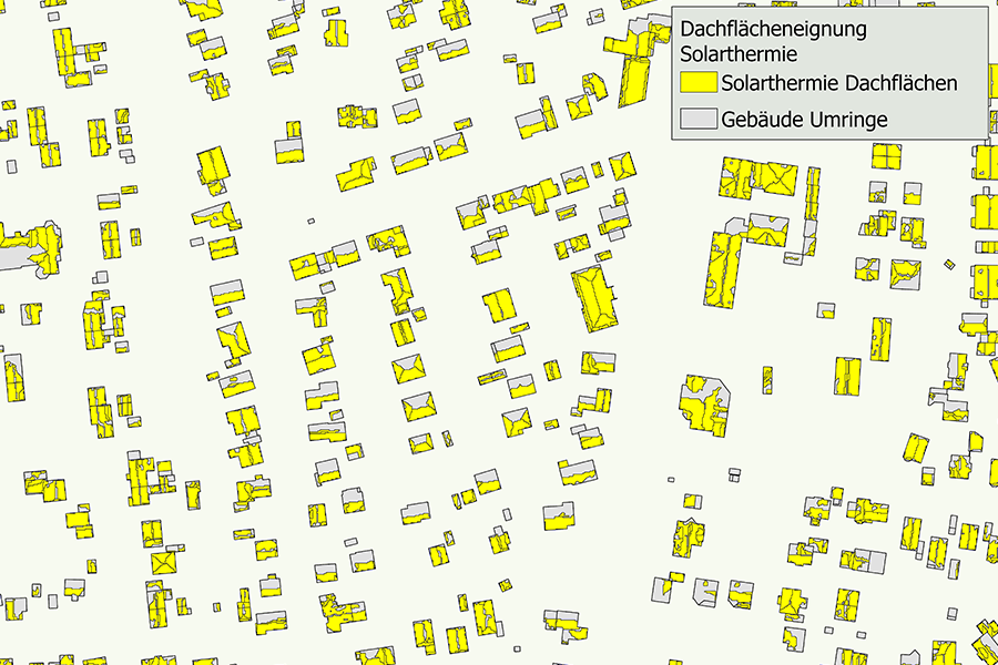 Legende zur Solarthermie-Eignung: Hervorgehobene Dachflächen mit Umring-Darstellung der Gebäude