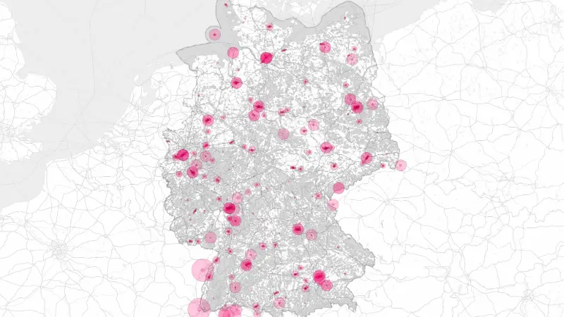 Deutschlandkarte mit hervorgehobenen Standorten als Punkte unterschiedlicher Größe zur Visualisierung von Verteilungen