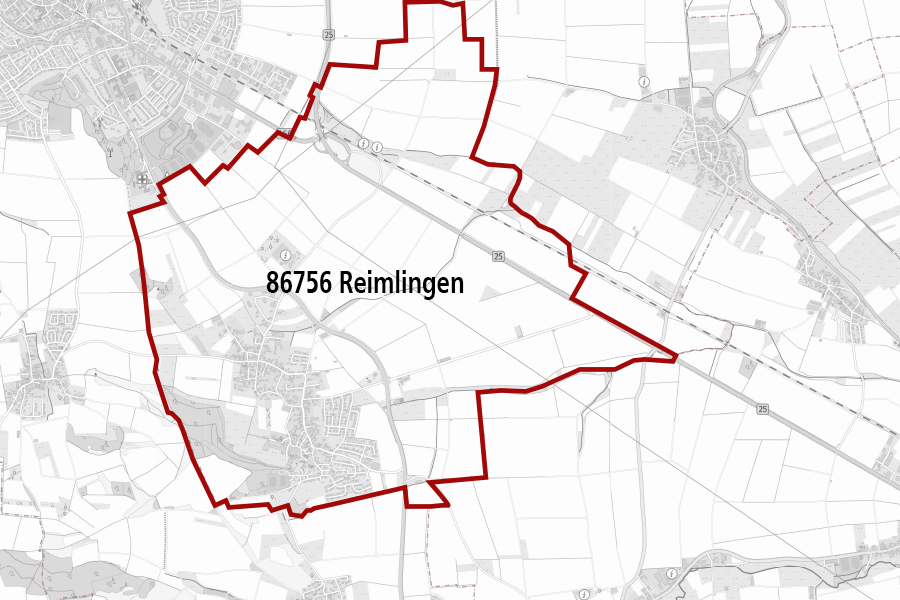 OpenStreetMap-Karte mit Postleitzahlengebieten, dargestellt durch rote Grenzen und zugehörige PLZ-Nummern