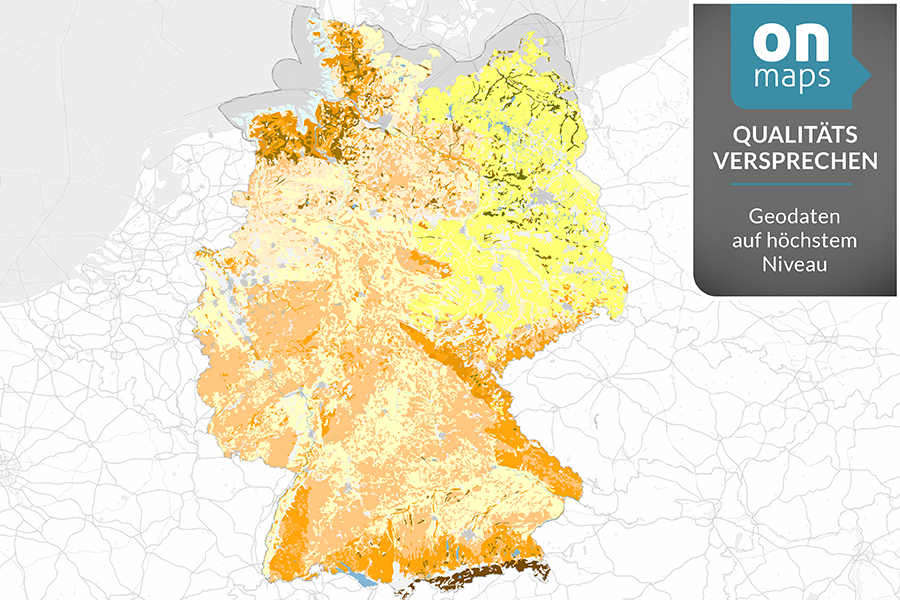 Deutschlandkarte mit farblich differenzierten Geodaten und onmaps-Qualitätsversprechen