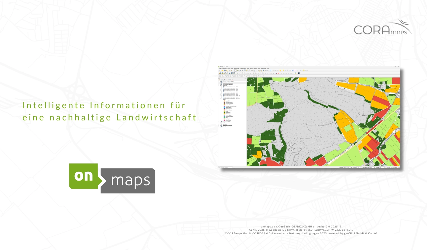 Präsentationsgrafik zu CORAmaps auf onmaps mit Beispielkarte der Feldfrüchte und Feldgrenzen in QGIS. Text: ‚Intelligente Informationen für eine nachhaltige Landwirtschaft‘ – Logos von CORAmaps und onmaps.