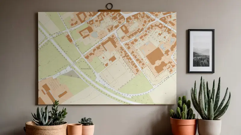 Große gedruckte Karte als Wandbild in einem Wohnraum mit Pflanzen und Dekoration
