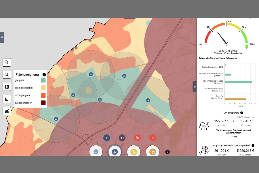 Vision:En 2040 – Beispielhafte Platzierung von Windenergieanlagen mit Flächeneignungskarte