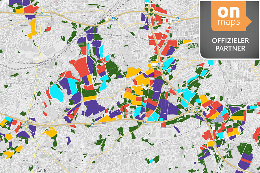 Bunte Klassifikation von Feldfrüchten in einer urbanen Umgebung bei Dortmund, dargestellt durch eine KI-gestützte Analyse.