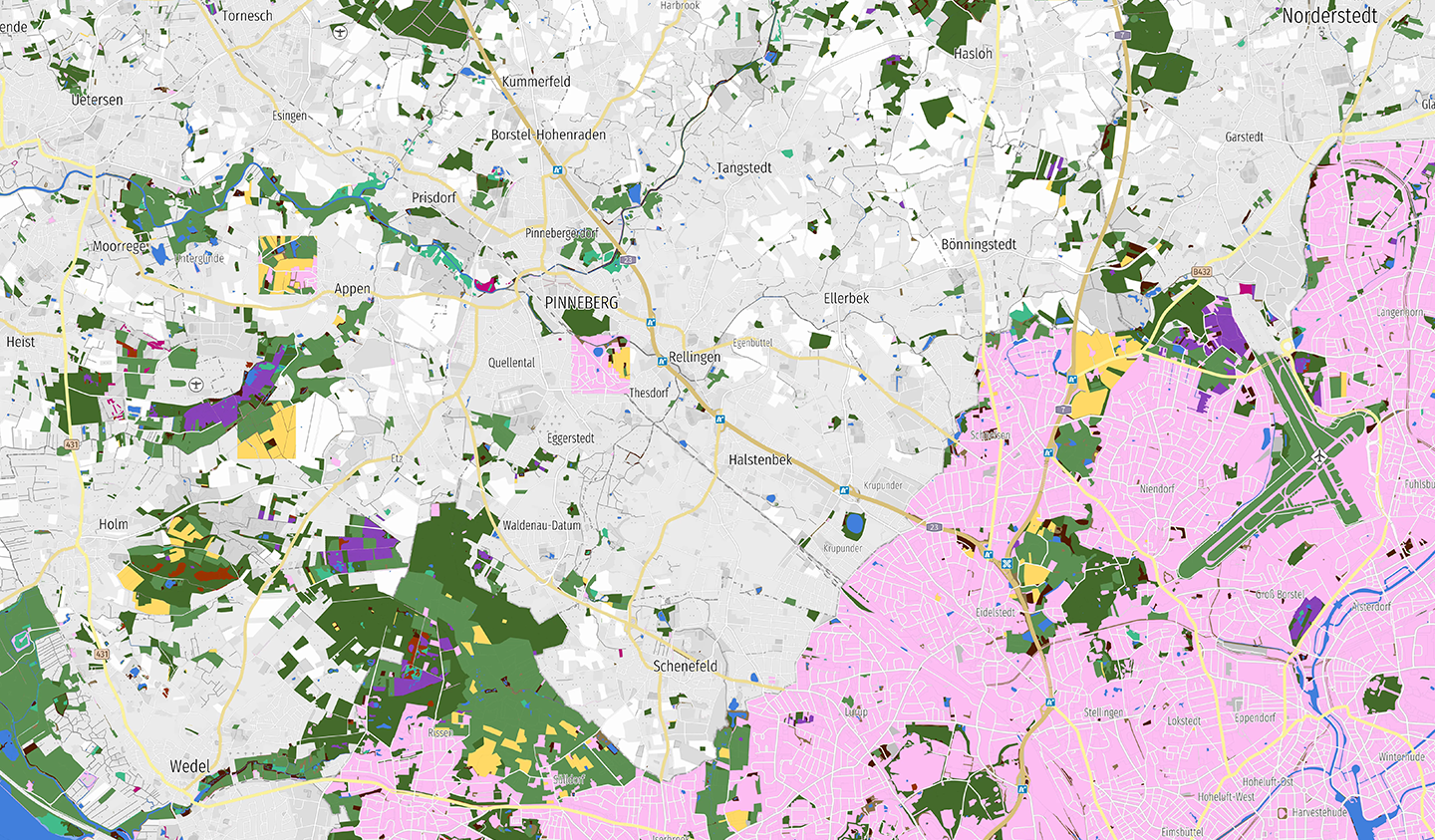iotopkartierung für Hamburg mit Umweltzonen und Schutzgebieten. Umweltkarte von Hamburg und Umgebung mit farblichen Markierungen für Biotope.