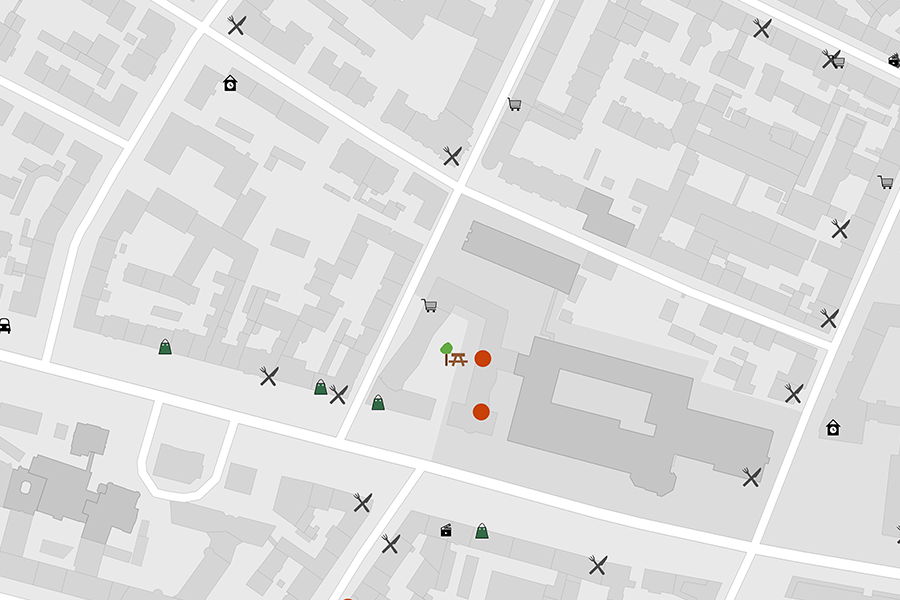 Kartenausschnitt mit OSM-Infrastrukturdaten, darunter Stromanschlüsse, Sitzgelegenheiten, Sammelstellen, Einkaufsmöglichkeiten und sonstige POIs