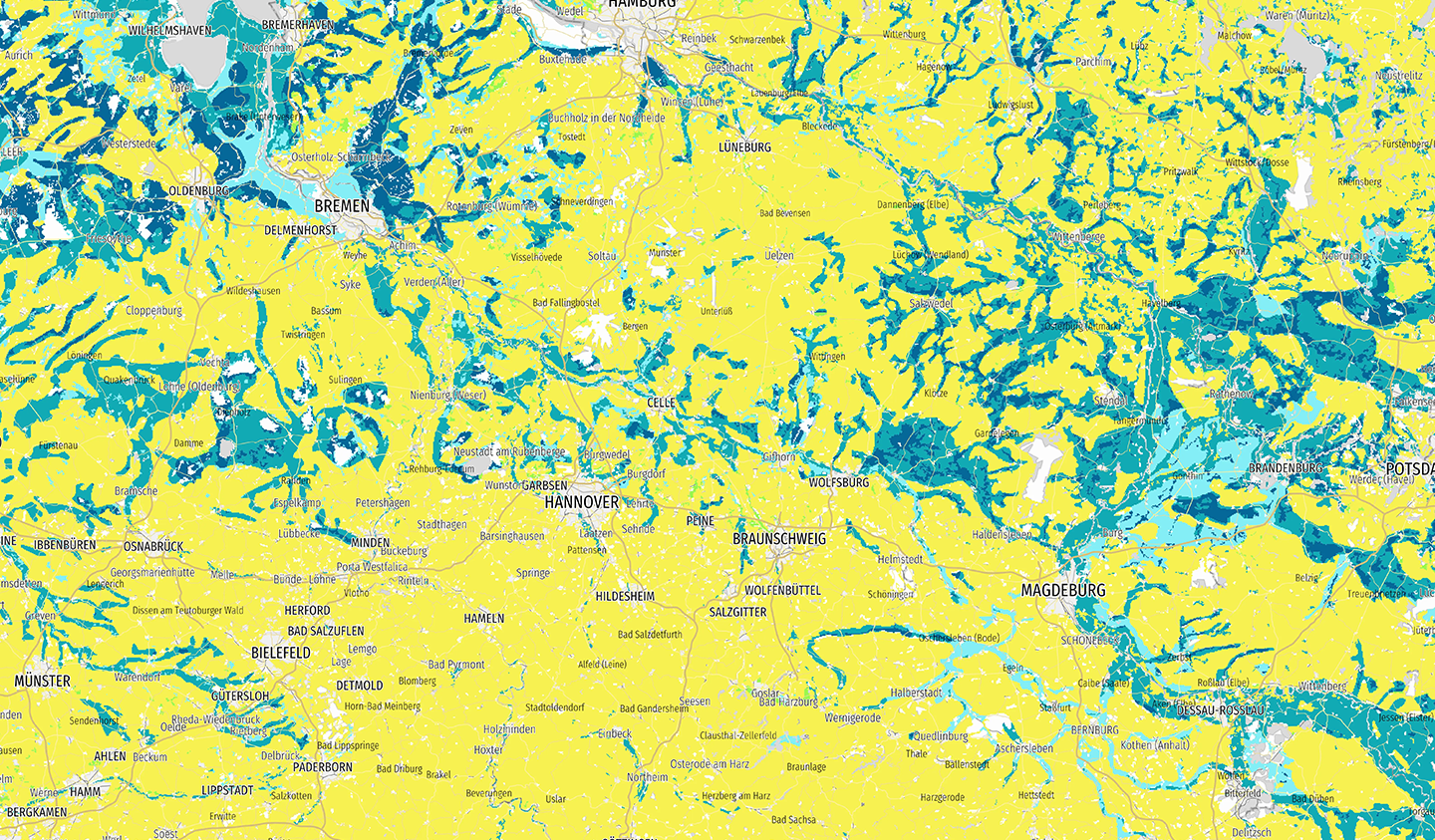 Grundwasserstufen in Norddeutschland Karte mit verschiedenen Grundwasserstufen in Norddeutschland, farblich markiert von dunkelblau bis gelb.